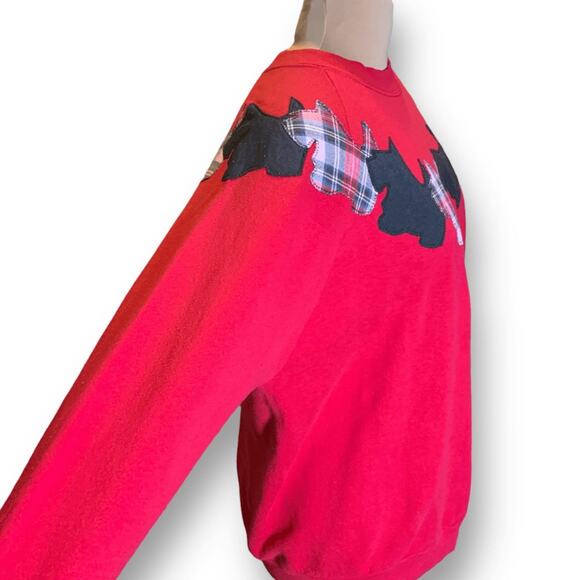 Vintage 80s Red Scottie Dog Applique Sweatshirt XL Plaid Preppy Holiday OOAK - Picture 3 of 9